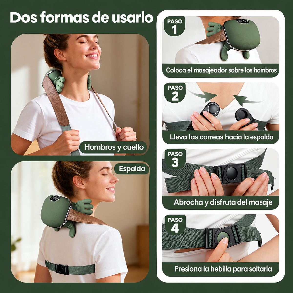 Dos formas de usar el masajeador: hombros y cuello, y espalda